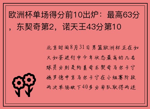 欧洲杯单场得分前10出炉:最高63分,东契奇第2,诺天王43分第10