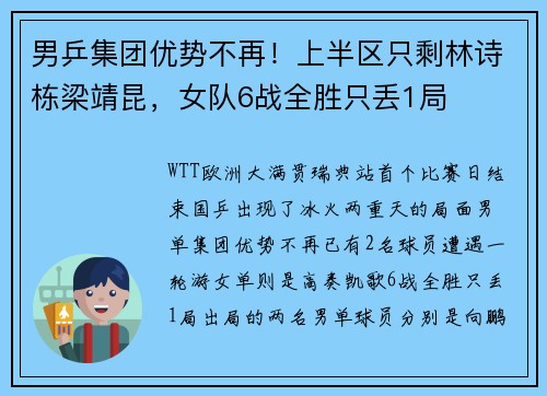 男乒集团优势不再!上半区只剩林诗栋梁靖昆,女队6战全胜只丢1局